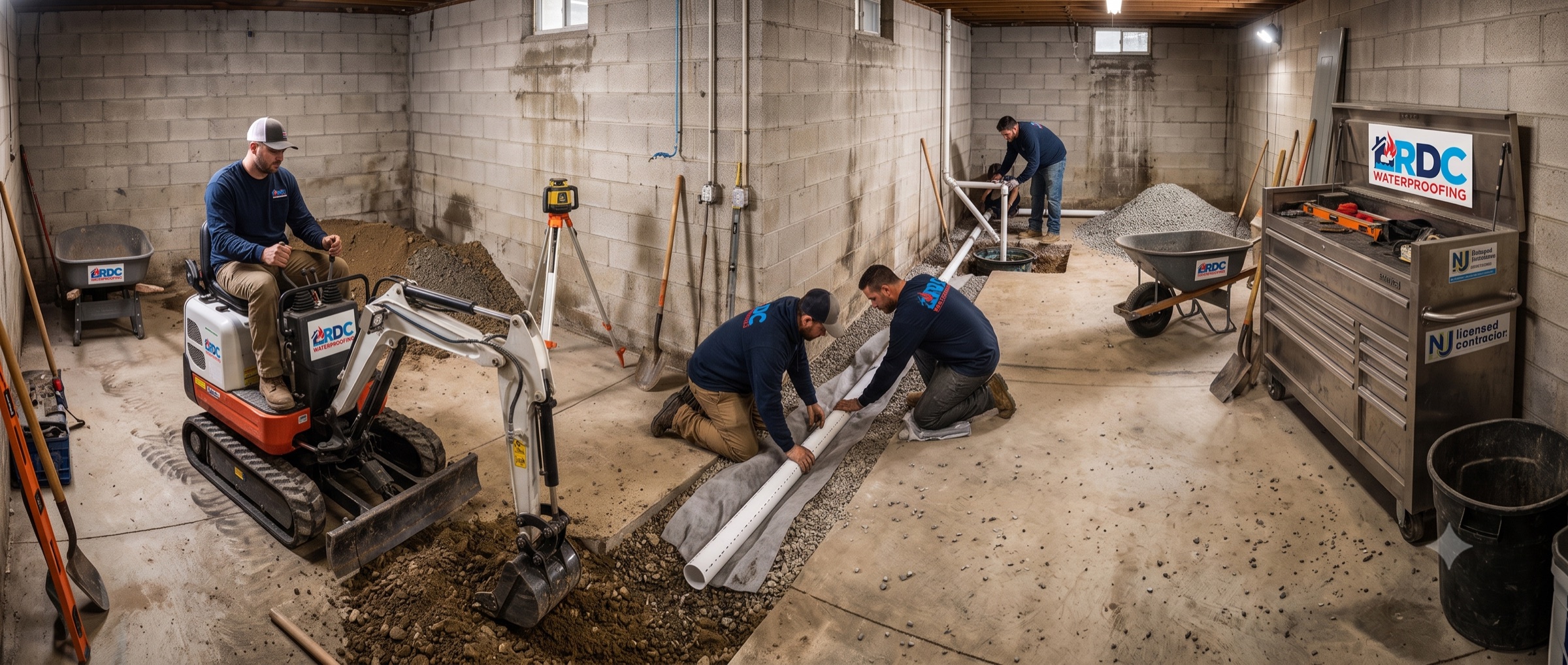 RDC Waterproofing crew installing an interior French drain and sump system in a New Jersey basement