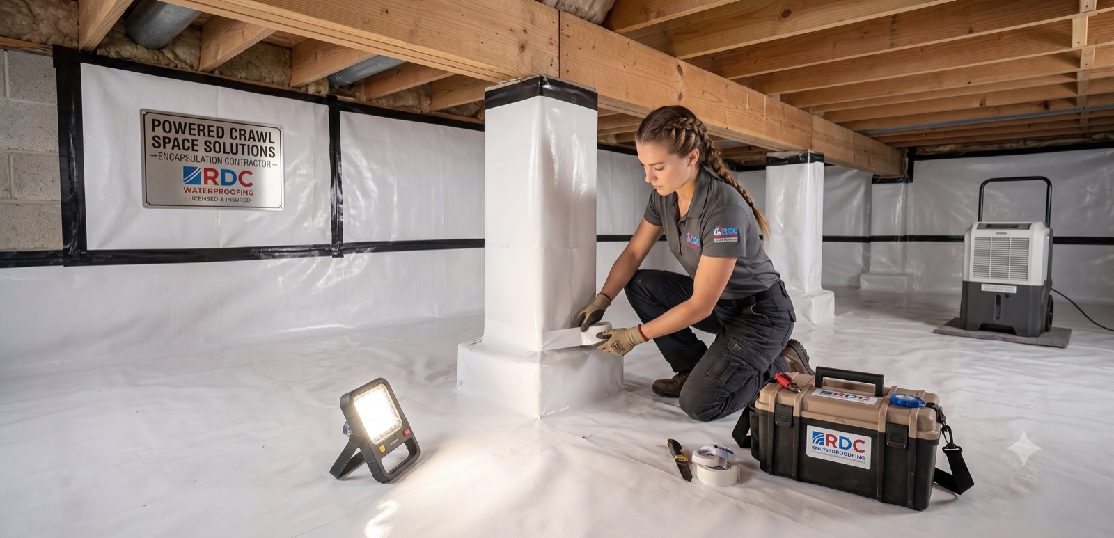 Encapsulated crawl space with sealed vapor barrier by RDC Waterproofing in New Jersey