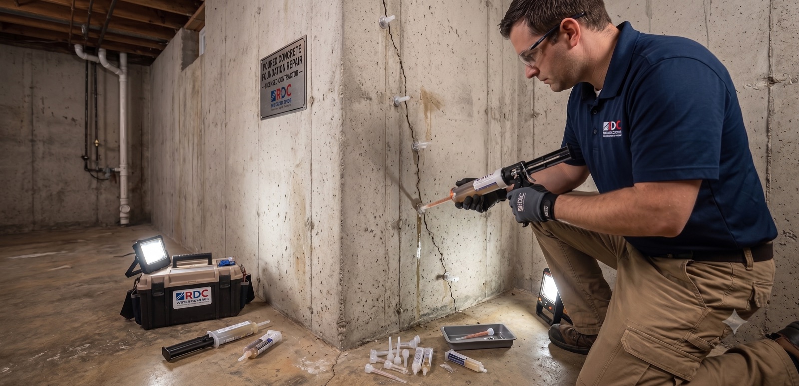 RDC Waterproofing technician repairing a foundation wall crack in New Jersey