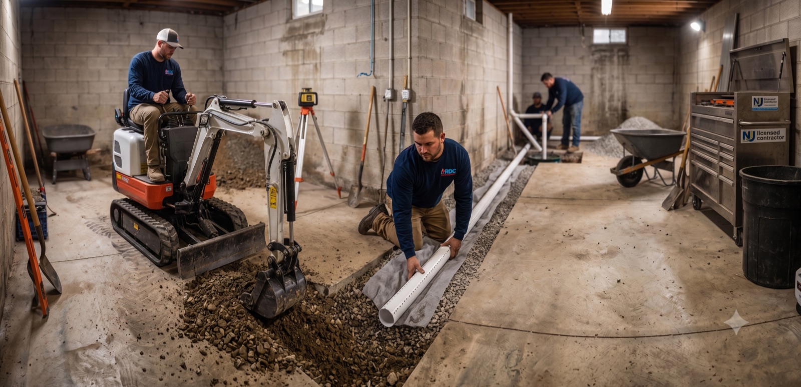 Interior French drain and sump pit installed by RDC Waterproofing in a New Jersey basement